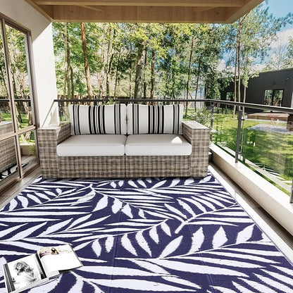 OLANLY Waterproof Outdoor Rug 8x10 ft, Reversible Outdoor Plastic Straw Rug with Leaf Pattern, RV Mat, Indoor Outdoor Carpet for Patio, Camping, Balcony, Deck, Backyard, Navy & White