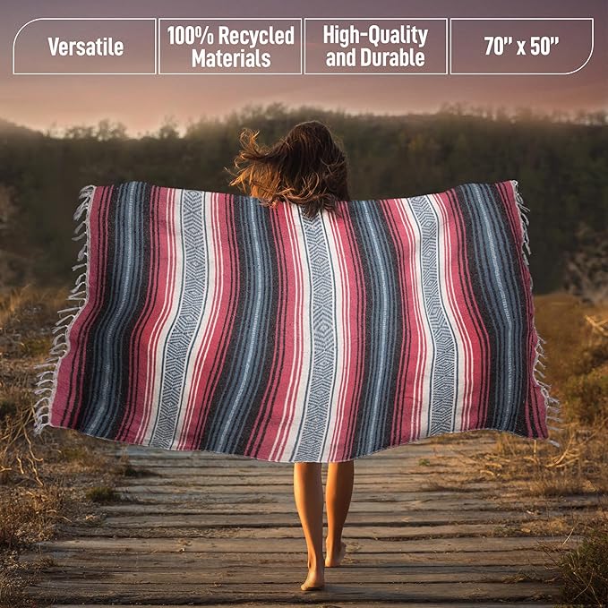 Authentic Large Handwoven Mexican Blanket - Soft Yoga Blanket - Durable Serape Blanket - Lightweight Falsa Blanket, Beach Blanket, Camping Blanket, Picnic Blanket, Outdoor Blanket 70"x50" - Azure
