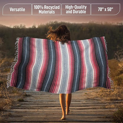 Authentic Large Handwoven Mexican Blanket - Soft Yoga Blanket - Durable Serape Blanket - Lightweight Falsa Blanket, Beach Blanket, Camping Blanket, Picnic Blanket, Outdoor Blanket 70"x50" - Azure