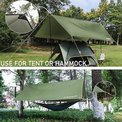 Puraville Rain Fly Camping Tarp 3000mm+ Ultra Waterproof Resistant Sun Shade Lightweight Hammock Tent Tarp with Multifunctional Camping Accessories (10X10 ft Green)