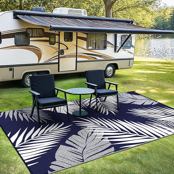 Outdoor Rug 8' x 10' for Patio Waterproof Clearance, Reversible Indoor Outdoor Plastic Straw Camping Rug Carpet, RV Mat, Large Area Rug for Deck, Backyard, Balcony, Porch, Navy Blue and White