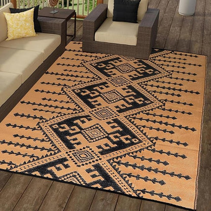 LILIOFFIC Outdoor Rugs for Patio Clearance - 5'x8' Waterproof Reversible Indoor Outdoor Rug Carpet, Portable Outdoor Plastic Straw Rug for RV Camping, Picnic, Beach, Porch, Deck, Black & Brown