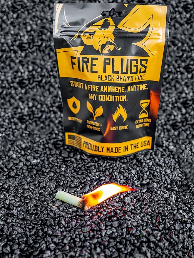 Black Beard Fire Plug Kit - 50 Waterproof Fire Plugs, Arc Lighter, Ferro Rod and Organizer Case for Camping, Backpacking and Emergency Survival