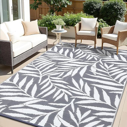 OLANLY Waterproof Outdoor Rug 9x12 ft, Reversible Outdoor Plastic Straw Rug with Leaf Pattern, RV Mat, Indoor Outdoor Carpet for Patio, Camping, Balcony, Deck, Backyard, Grey & White