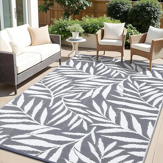 OLANLY Waterproof Outdoor Rug 6x9 ft, Reversible Outdoor Plastic Straw Rug with Leaf Pattern, RV Mat, Indoor Outdoor Carpet for Patio, Camping, Balcony, Deck, Backyard, Grey & White
