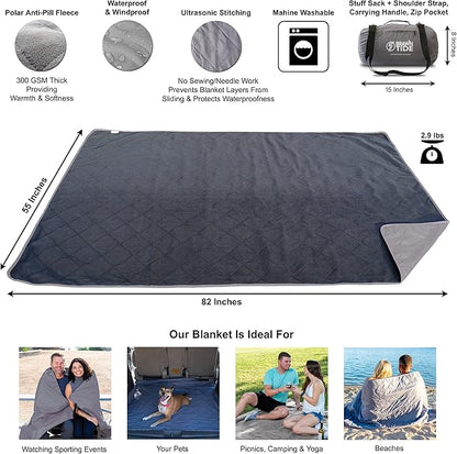 BRAWNTIDE Large Outdoor Waterproof Blanket - Quilted, Extra Thick Fleece, Warm, Windproof, Sandproof, Includes Stuff Sack, Shoulder Strap, Ideal for Beaches, Picnics, Camping, Stadiums, Dogs, Car
