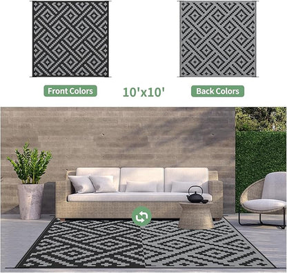 GENIMO Outdoor Rug Waterproof, 10' x 10' Reversible Plastic Straw Rug, Lightweight Large RV Camping Mat for Patio, Deck, Camper, Balcony, Backyard, Picnic, Black & Gray