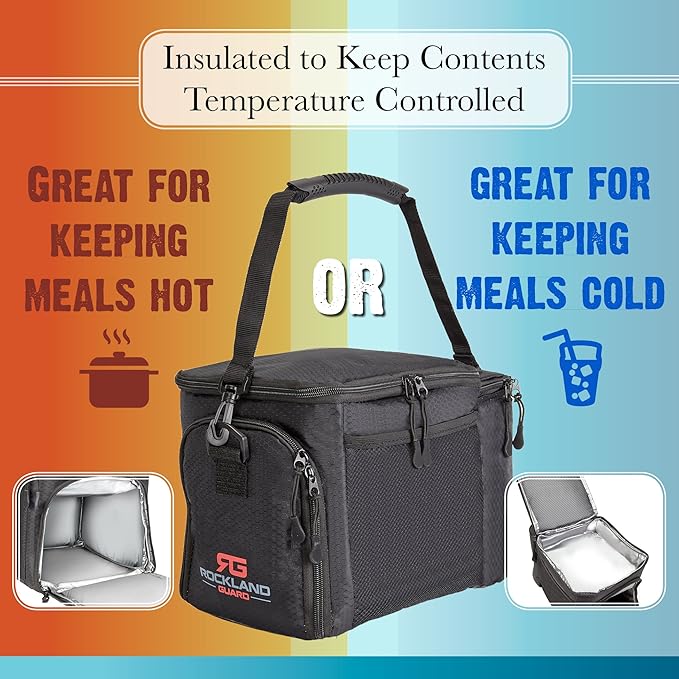 Insulated Lunch Bag for Men - Lunch Box for Women with Compartments for Meal Prep Containers, Bottles, Snacks, Extra Storage Pockets - Lunchbox for Work, Travel, Picnic, Camping - Black