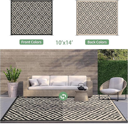GENIMO Outdoor Rug for Patio Clearance, 10'x14' Waterproof Large Camping Mat, Reversible Plastic Straw Rugs for RV, Camper, Balcony, Backyard, Picnic, Deck (Black & Beige)