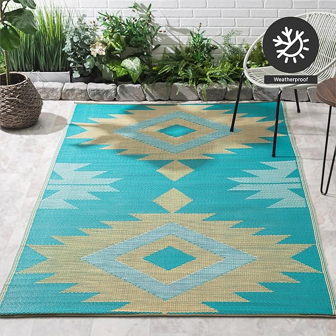 FH Home Outdoor Rug - Waterproof, Fade Resistant, Reversible - Premium Recycled Plastic - Geometric - Patio, Deck, Porch, Balcony - Bursa Kilim - Teal Crease Free - 5 x 8 ft