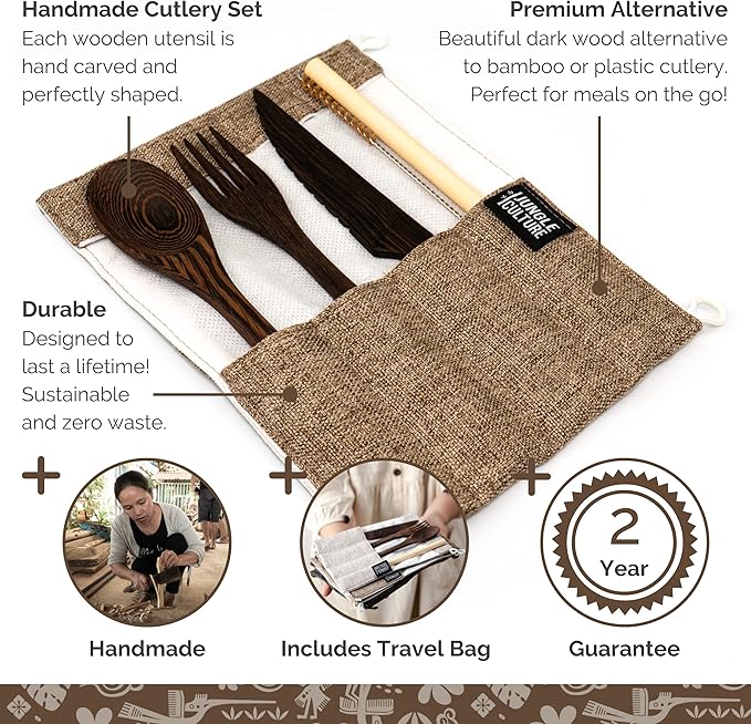 Jungle Culture® Premium Wooden Travel Utensils • Knife, Fork, Spoon, Straw, Case • Eco Friendly Alternative to Bamboo Cutlery • Coconut Bowls Zero Waste Reusable Flatware • Portable Camping Picnic Set