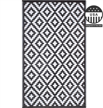 FH Home Outdoor Camping Rug - Waterproof, Fade Resistant, Reversible - Premium Recycled Plastic - Geometric - Patio, Deck, Sunroom, RV - Aztec - Black & White - 5 x 8 ft Foldable