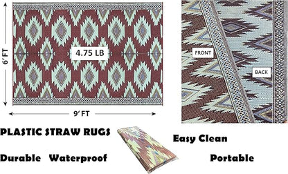 BalajeesUSA Outdoor Rug - 6x9 Red, Black, Sky Blue, Reversible Recycled Plastic Straw Outdoor Patio Rugs Clearance Waterproof Large RV Camper Mats Outside 460