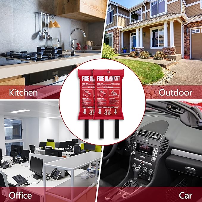 2Pack 39.3x39.3In Large Fire Blanket, Fiberglass Fire Emergency Blankets, Suppression Flame Retardant Fireproof Survival Safety Blanket for Kitchen Home Car Office Warehouse School Fireplace