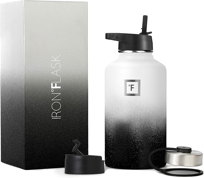 IRON °FLASK Camping & Hiking Hydration Flask, Wide Mouth, 3 Straw Lids, Stainless Steel Outdoor Water Bottle, Double Walled, Insulated Thermos, Metal Canteen - Day & Night, 64 Oz