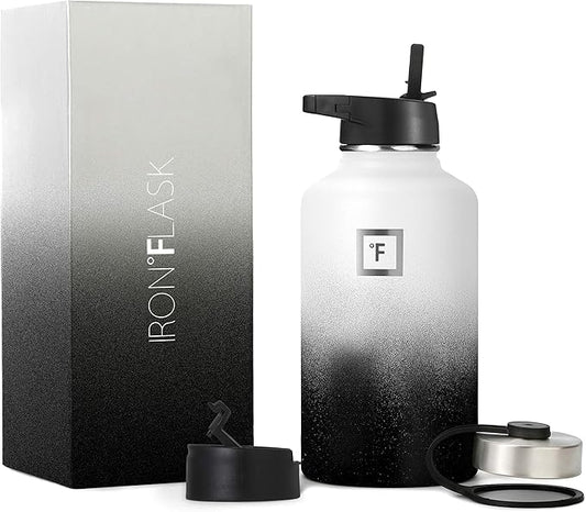 IRON °FLASK Camping & Hiking Hydration Flask, Wide Mouth, 3 Straw Lids, Stainless Steel Outdoor Water Bottle, Double Walled, Insulated Thermos, Metal Canteen - Day & Night, 64 Oz