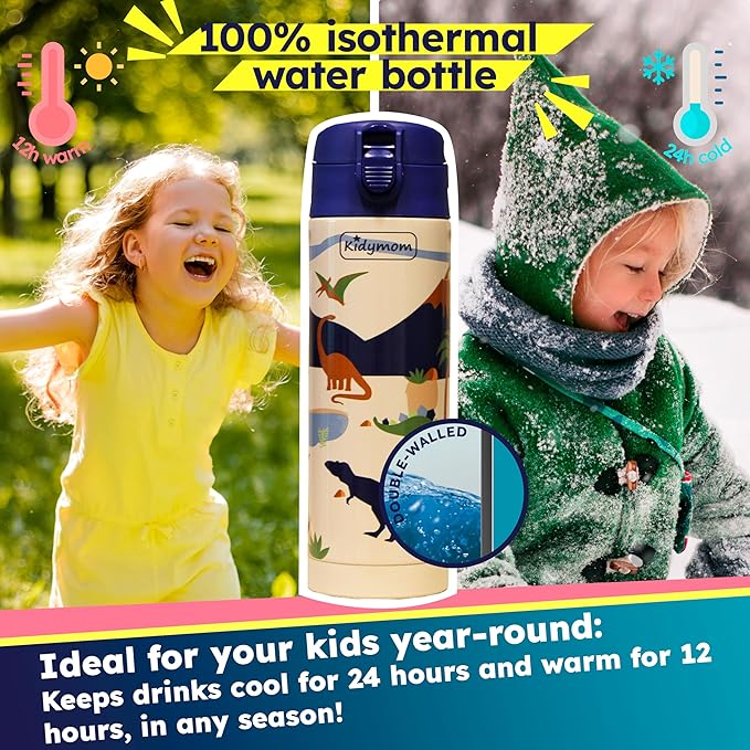 Stainless Steel Water Bottle Kids 12 oz With Carrying Pouch| Insulated Water Bottle For Kid, Toddler, Girls, Boys or Teen | Leakproof, BPA-Free | Little Metal Tumbler for School (Dinosaur)