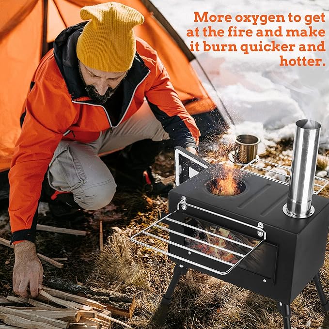 Outdoor Camping Stove, Portable Wood Burning Stove with Chimney Pipe for Tent, Shelter, Heating and Cooking (Pipe Diameter: 2.36")