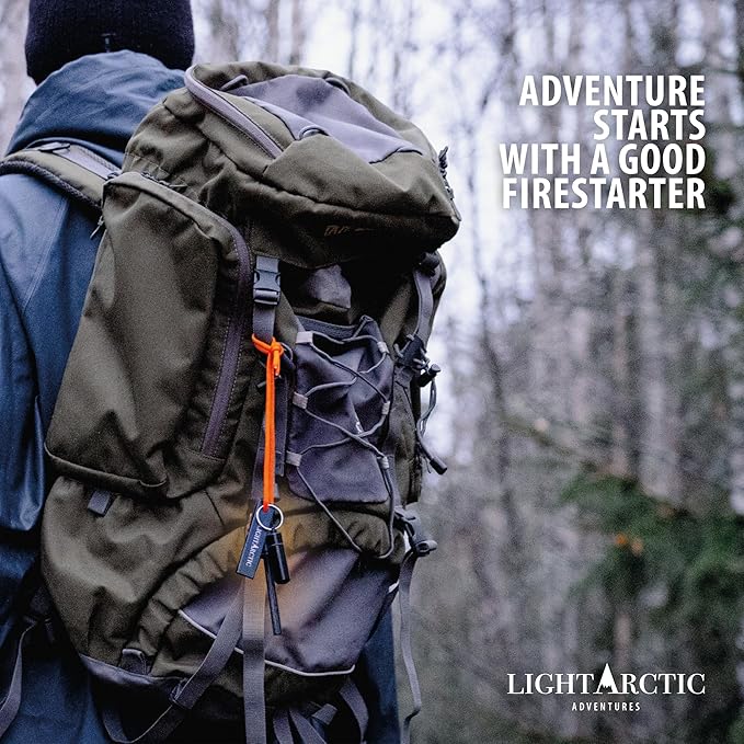 Ferro Rod Fire Starter Kit Survival Gear by LightArctic: 7-in-1 Flint and Steel Includes Compass, Whistle, 11 pcs Waxed Tinders with Waterproof Capsule - Tested in The Most Extreme Weather Conditions