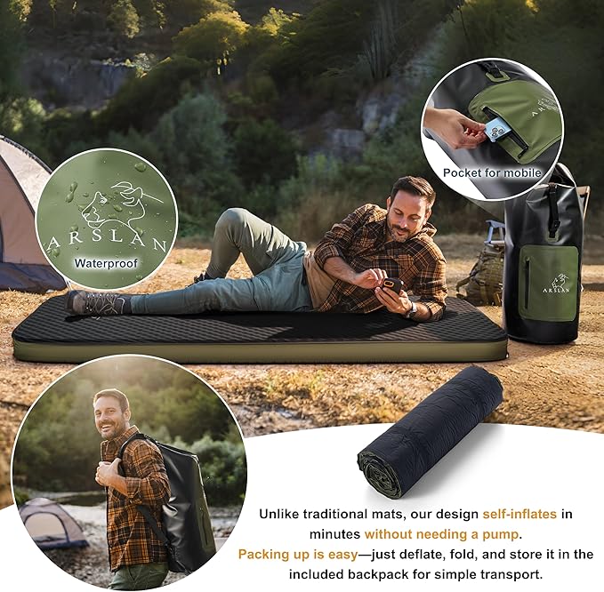 Self-Inflating Sleeping Pad – 4” Thick Memory Foam Camping Mattress with Waterproof Backpack – Portable Sleeping Mat for Backpacking, Tents, SUVs & Trucks