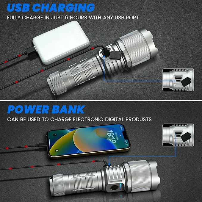 Flashlights High Lumens 900000 LED Rechargeable Tactical Flashlight Zoomable 3 Modes Fast Charging IPX6 Waterproof Super Bright Handheld Flashlights for Camping Hiking Outdoor and Gift