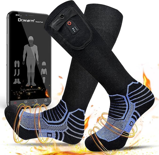 Dr.Warm Heated Socks with APP Remote Control, 3000mAh 7.4V Rechargeable Battery Heating Socks for Men Women, Winter Foot Warmer for Hunting Ice Fishing Camping Hiking Skiing