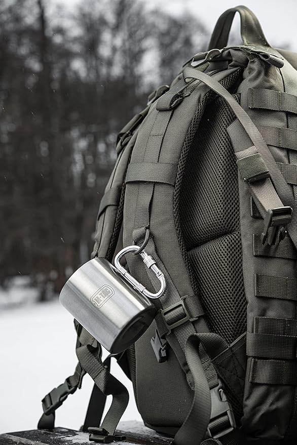 M-Tac 9.5oz Insulated Thermal Cup Mug - Double Wall Stainless Steel Thermo Tumbler with Collapsible Carabiner Handle - No Lid