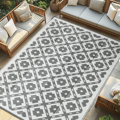 Waterproof Outdoor Rug 8x10 ft, Reversible Plastic Straw Rug, Easy to Clean Patio Rug, Portable Carpet for Patio, RV, Deck, Balcony, Backyard, Picnic, Beach, Square Dashed, Gray