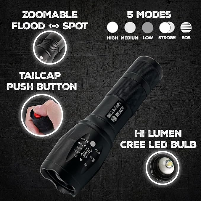 LED Flashlight – Bright, Zoomable, High Lumen 5-Mode Tactical Flashlight – AAA Batteries & Case Included. Perfect for Emergencies, Outdoors, Camping, EDC or a Gift.