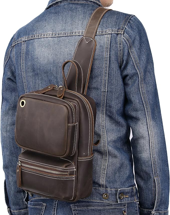 KPYWZER Crazy Horse Genuine Leather Sling Bag for Men Women Shoulder Backpack Satchel Crossbody Chest Casual Outdoor Daypack Deep Brown
