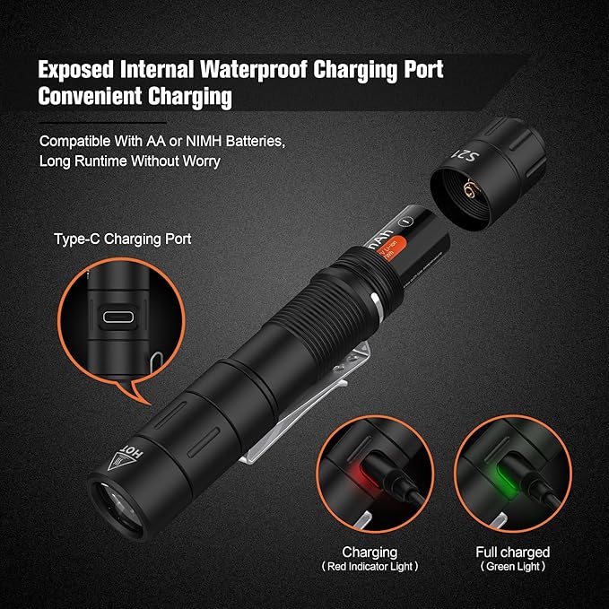 FZH S21 Rechargeable LED Flashlight 880 Lumen Mini EDC Tail Switch Flashlight (Powered by USB Rechargeable Battery), Slim Pocket Flash Light with On/Off Locking Mode for Camping, Outdoor, Emergency