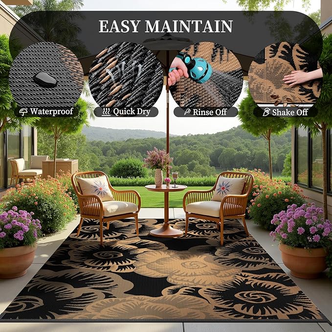 MontVoo Outdoor Rug 8x10 Waterproof Patio Rug-Outdoor Carpet Mat Reversible Plastic Straw Outside Outdoor Rug for RV Camping Picnic Beach Balcony Backyard Pool Deck Farmhouse Floral Black Brown