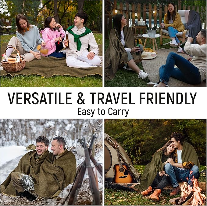 JMR Wool Camping Blanket - Warm Heavy Car Blanket & Camp Quilt - Survival Emergency Blanket Sleeping Outdoors - Multi-Use Wool Blanket Camping, Car & Home - 70% Wool, Olive Green, 62X84, Case of 10