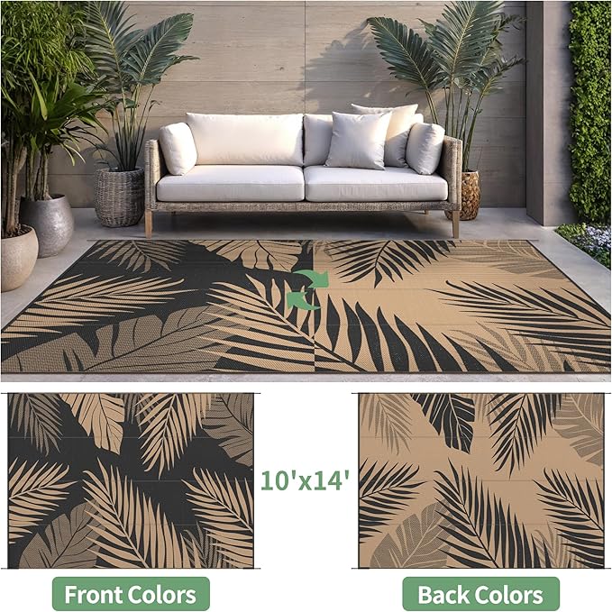 Outdoor Rug 10' x 14' for Patio Waterproof Clearance, Reversible Indoor Outdoor Plastic Straw Camping Rug Carpet, RV Mat, Large Area Rug for Deck, Backyard, Balcony, Porch,Beach,Black and Brown