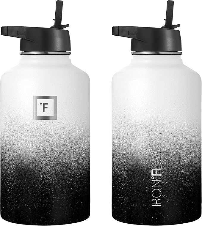 IRON °FLASK Camping & Hiking Hydration Flask, Wide Mouth, 3 Straw Lids, Stainless Steel Outdoor Water Bottle, Double Walled, Insulated Thermos, Metal Canteen - Day & Night, 64 Oz