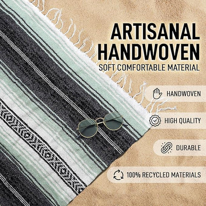 Authentic Extra Large Mexican Blanket (70"x50") - Handwoven Yoga Blanket, Serape Blanket - Artisanal Falsa Blanket, Beach Blanket, Camping Blanket, Picnic Blanket, Outdoor Blanket (Aqua Green)