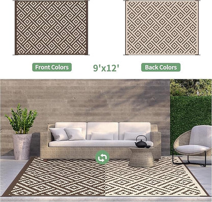 GENIMO Outdoor Rug for Patio Clearance, 9'x12' Waterproof Camping Mat, Reversible Plastic Straw Rugs for RV, Camper, Balcony, Backyard, Picnic, Deck (Coffee & Beige)