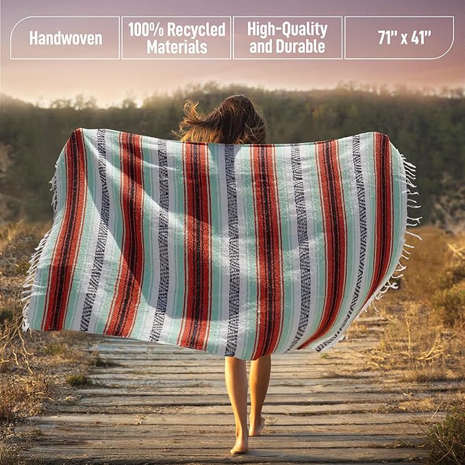 Authentic Extra Large Mexican Blanket (70"x50") - Handwoven Yoga Blanket, Serape Blanket - Artisanal Falsa Blanket, Beach Blanket, Camping Blanket, Picnic Blanket, Outdoor Blanket (Mint-Orange)