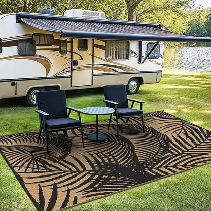 GENIMO Outdoor Rug 9' x 12' Waterproof for Patio Clearance, Reversible Plastic Straw Camping Carpet, Lightweight Mats for Rv, Backyard, Deck, Porch, Picnic, Beach, Balcony, Black & Brown