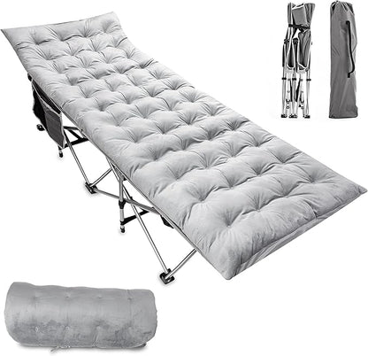 Zento Camping Cot and Mattress Folding Outdoor Travel Bed - Heavy Duty Max Load 450 LBS Premium Quality Cot Bed with Pad for Comfort Sleeping for Travel Home and Anytime Use