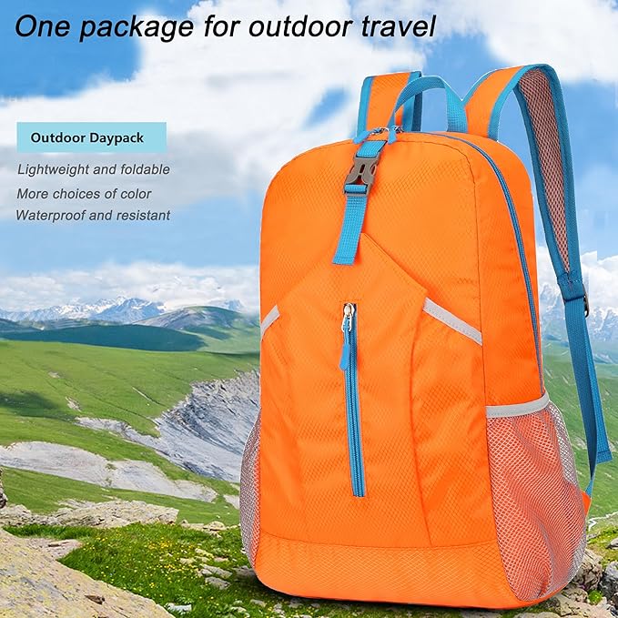 25L Hiking-Backpack Foldable-Sports Daypack-Camping Collapsible Bag Water Resistant Lightweight Travel Men Women (Orange)