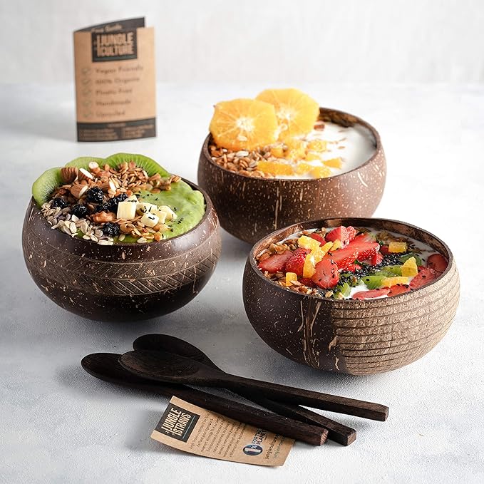 Jungle Culture® Premium Wooden Travel Utensils • Knife, Fork, Spoon, Straw, Case • Eco Friendly Alternative to Bamboo Cutlery • Coconut Bowls Zero Waste Reusable Flatware • Portable Camping Picnic Set
