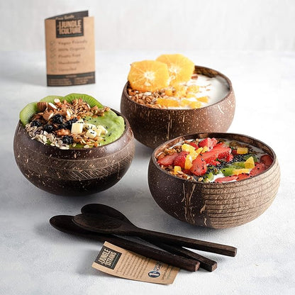 Jungle Culture® Premium Wooden Travel Utensils • Knife, Fork, Spoon, Straw, Case • Eco Friendly Alternative to Bamboo Cutlery • Coconut Bowls Zero Waste Reusable Flatware • Portable Camping Picnic Set