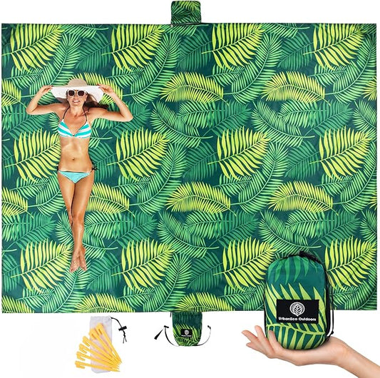Lightweight Beach Blanket - Oversized 107" x 77" - Waterproof Sandproof - Double Anchored for Fun Leisure Beach Blanket - with Stake and Pouch - Durable Sand Beach Mat