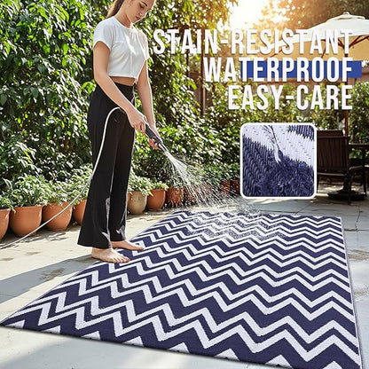OLANLY Waterproof Outdoor Rug 5x8 ft Clearance, Reversible Outdoor Plastic Straw Rug, RV Mat, Indoor Outdoor Carpet for Patio, Camping, Balcony, Deck, Backyard, Navy & White