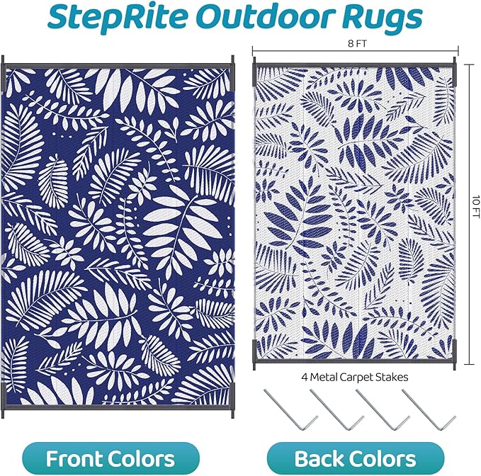 StepRite Outdoor Rug, Patio Rug, Plastic Straw Camping Rugs, Large Waterproof Area Rug and Mat for Outdoors, RV, Patio, Backyard, Deck, Porch, Beach, Balcony, (8'x 10', White & Blue)