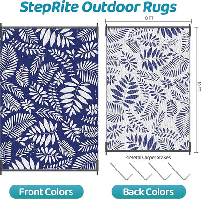 StepRite Outdoor Rug, Patio Rug, Plastic Straw Camping Rugs, Large Waterproof Area Rug and Mat for Outdoors, RV, Patio, Backyard, Deck, Porch, Beach, Balcony, (8'x 10', White & Blue)