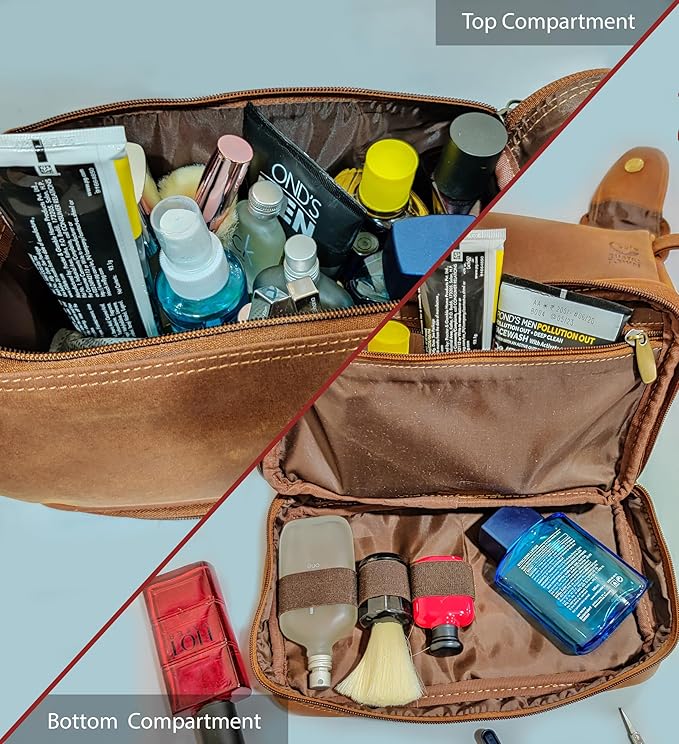 RusticTown Leather Toiletry Bag for Men - Travel Shaving Dopp Kit - Bathroom Shower Toiletries Organizer - Cosmetic Make up Bag for Women