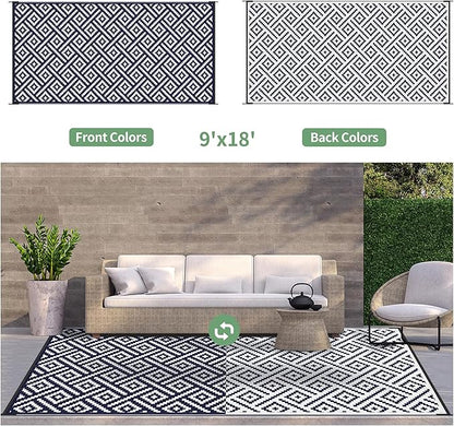 GENIMO Outdoor Rug for Patio Clearance, 9'x18' Waterproof Camping Mat, Reversible Plastic Straw Rugs for RV, Camper, Balcony, Backyard, Picnic, Deck (Navy Blue & White)