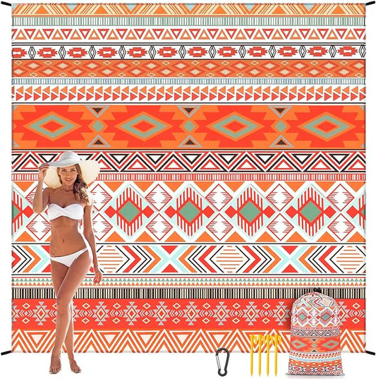 Beach Blanket Sandproof Extra Large Beach Mat Adults Waterproof Quick Drying Sand Free Mat Made by Premium Polyester with 4 Stakes & 4 Corner Pockets for Outdoor Travel Camping Hiking